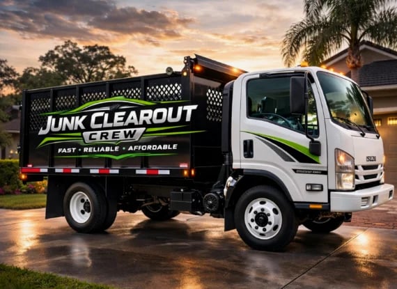 White and black junk removal truck with green accents parked in driveway at dusk