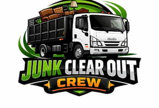 Junk Clear Out Crew logo featuring a white truck loaded with debris and green swirling design elements